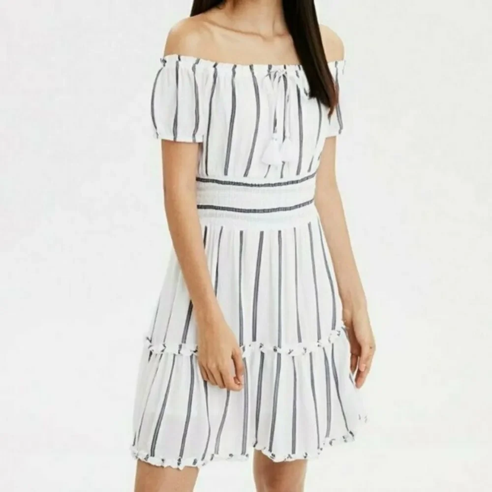 American eagle striped off shoulder ruffle tiered dress white gray - Picture 1 of 13